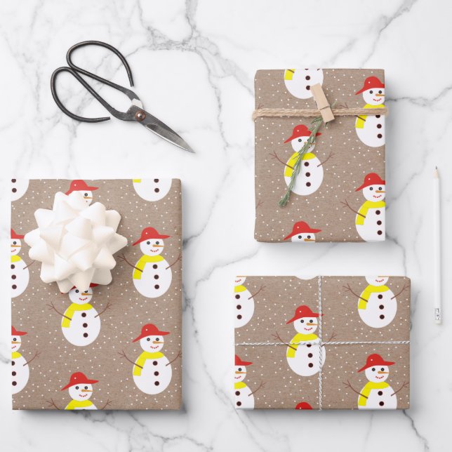 Cute snowman and snow on brown kraft  wrapping paper sheets (Front)