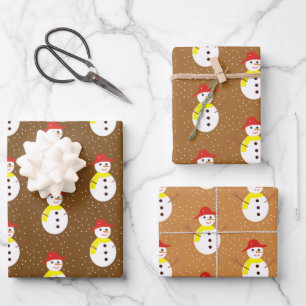 Cute snowman and snow on brown wrapping paper sheets