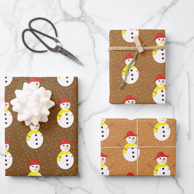 Cute snowman and snow on brown wrapping paper sheets (Front)