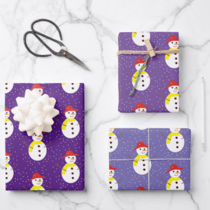Cute snowman and snow on purple wrapping paper sheets