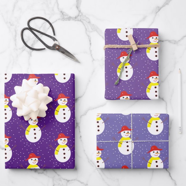 Cute snowman and snow on purple wrapping paper sheets (Front)