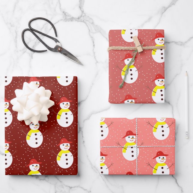Cute snowman and snow on red wrapping paper sheets (Front)