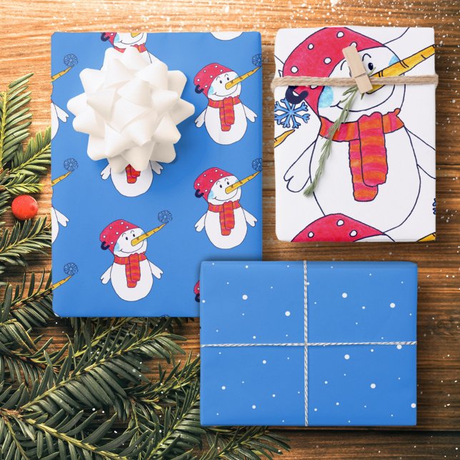 Cute Snowman and Snowflake Pattern Kids Christmas Wrapping Paper Sheets (Creator Uploaded)