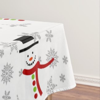 Cute Snowman and Snowflakes Holiday Tablecloth