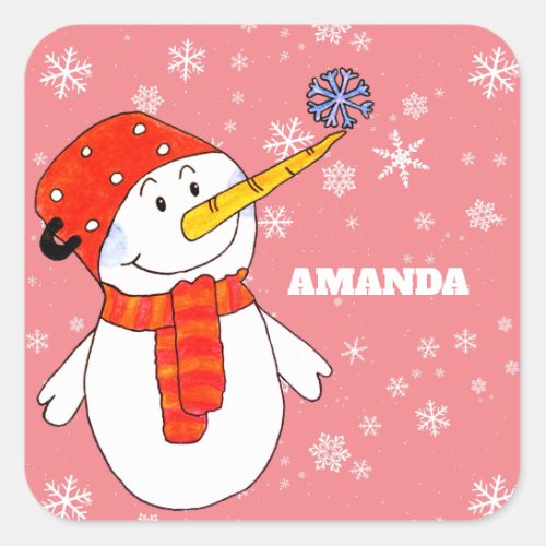 Cute Snowman and Snowflakes Kids Christmas Square Sticker