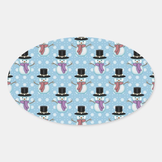 Cute Snowman and Snowflakes Pattern Oval Sticker (Front)