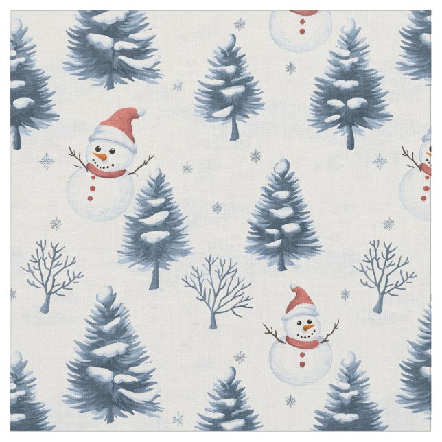 Cute Snowman And Snowy Trees Fabric (Close Up)