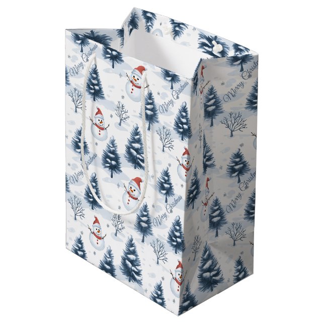 Cute Snowman And Snowy Trees Merry Christmas Medium Gift Bag (Back Angled)