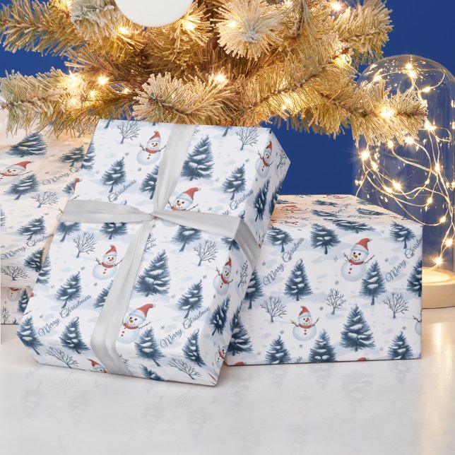 Cute Snowman And Snowy Trees Merry Christmas Wrapping Paper (Holidays)