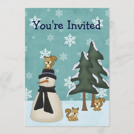 Cute Snowman And Squirrels Winter Birthday Invitation