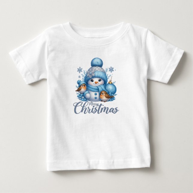 Cute Snowman and Winter Birds Christmas  Baby T-Shirt (Front)