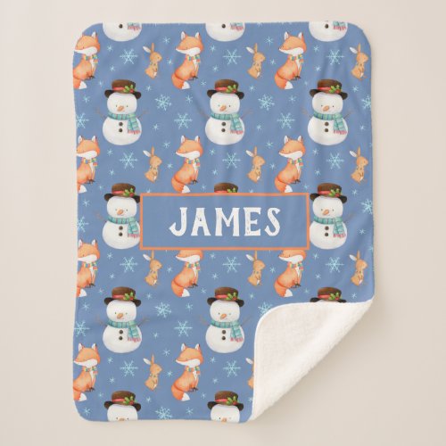 Cute Snowman  Animals Personalized Baby Name Sher Sherpa Blanket