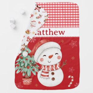 Cute Snowman Baby 1st Christmas Red Gingham  Blanket