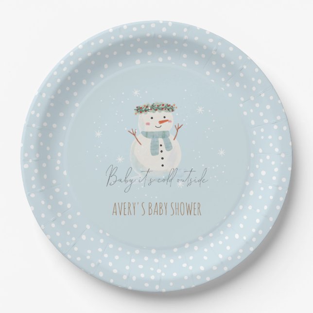 Cute Snowman Baby It's Cold Outside Baby Shower Paper Plates (Front)