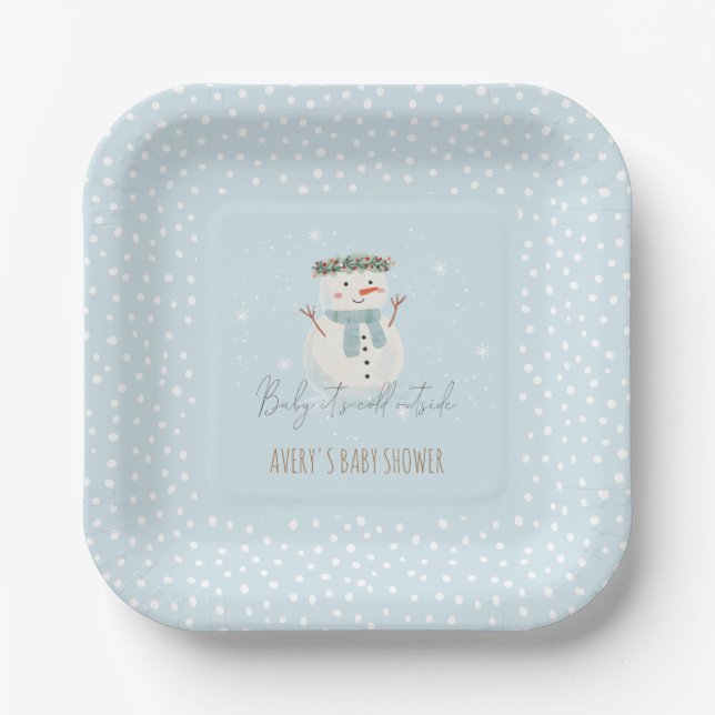 Cute Snowman Baby It's Cold Outside Baby Shower Paper Plates (Front)