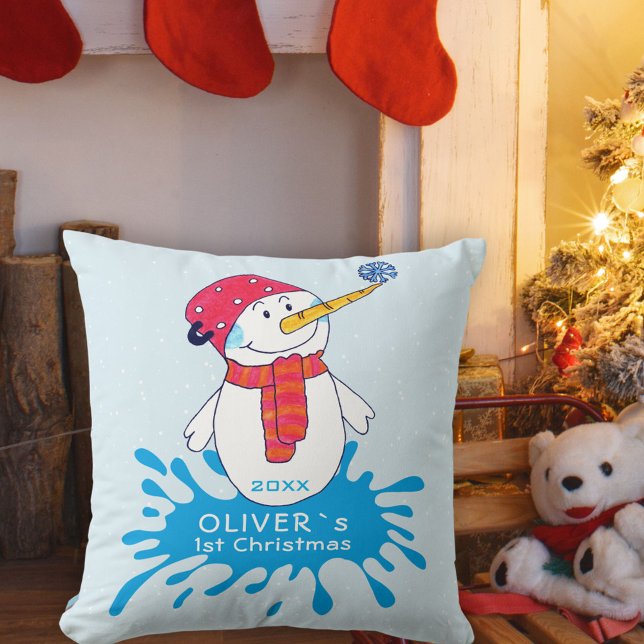 Cute Snowman Baby`s First Christmas Baby Throw Pillow (Creator Uploaded)