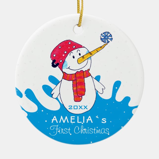 Cute Snowman Baby`s First Christmas Ceramic Ornament (Front)