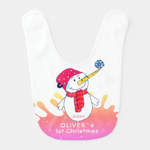 Cute Snowman Baby`s First Christmas Pink Baby Bib