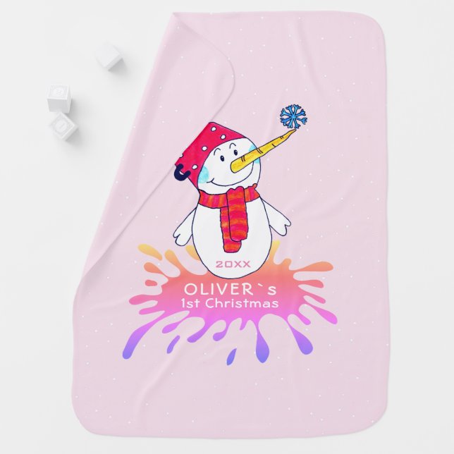 Cute Snowman Baby`s First Christmas Pink Baby Blanket (In Situ)