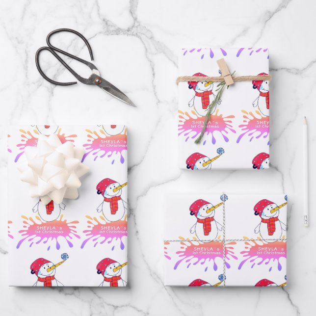Cute Snowman Baby`s First Christmas Pink Baby Wrapping Paper Sheets (Front)