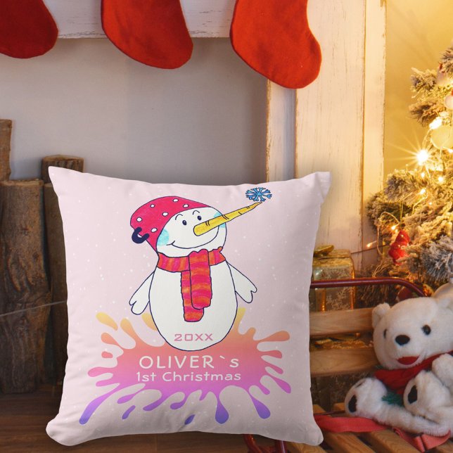 Cute Snowman Baby`s First Christmas Pink Throw Pillow (Creator Uploaded)