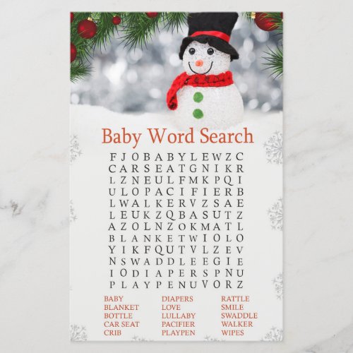 Cute snowman Baby Shower Word Search Game
