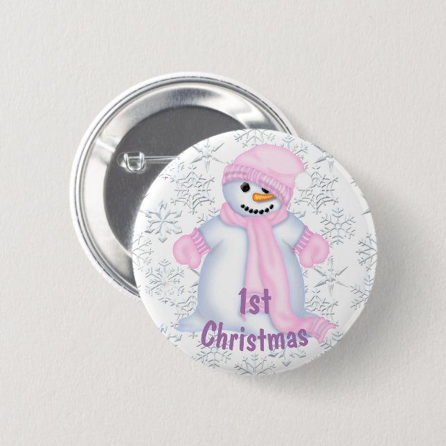 Cute Snowman Baby's 1st Christmas Pinback Button (Front & Back)