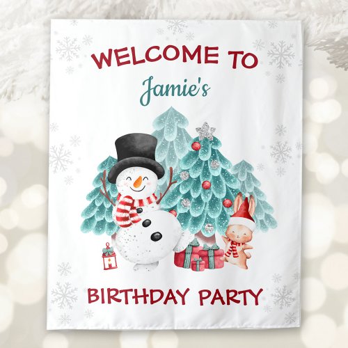 Cute Snowman Birthday Christmas Party Welcome Sign Tapestry