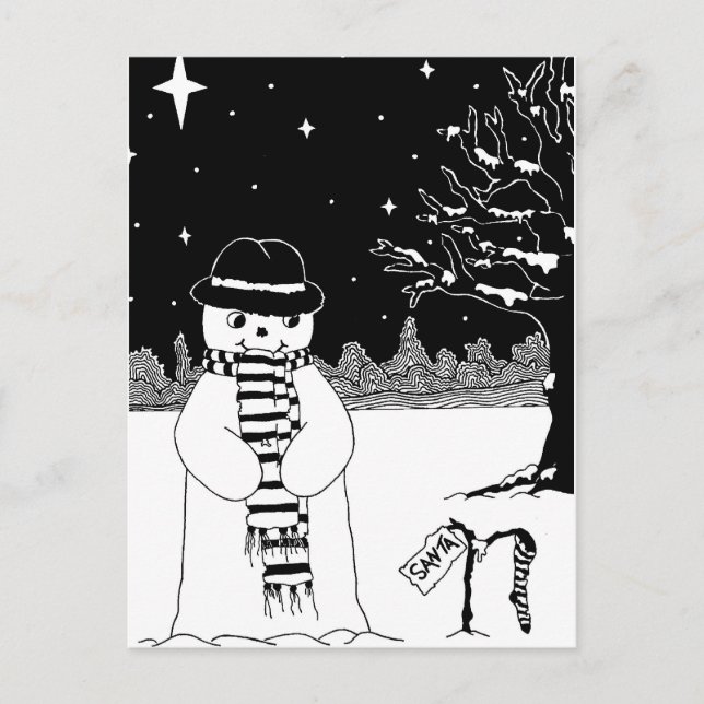 Cute snowman black & white Christmas illustration Holiday Postcard (Front)