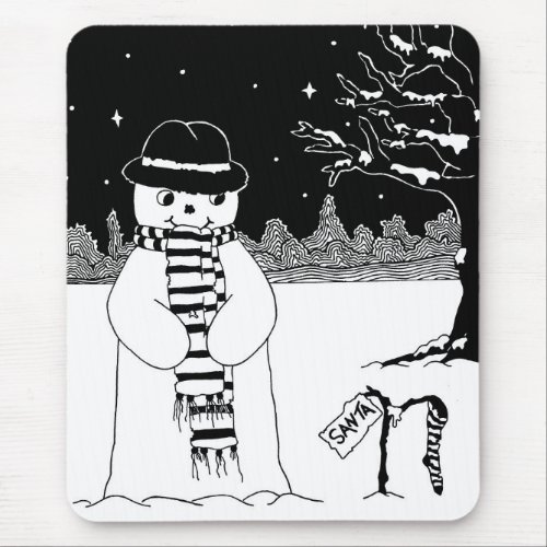 Cute snowman black  white Christmas illustration Mouse Pad