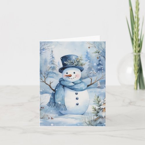 Cute Snowman Blue Hat and Scarf Flowers Blank Card