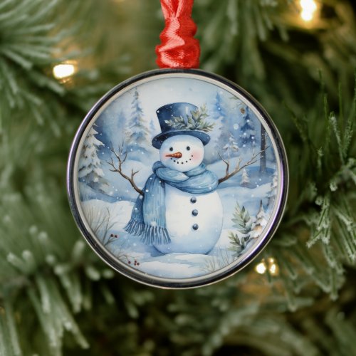 Cute Snowman Blue Hat and Scarf Flowers Metal Ornament