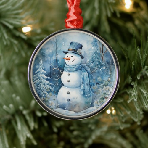 Cute Snowman Blue Hat and Scarf Flowers Trees Metal Ornament