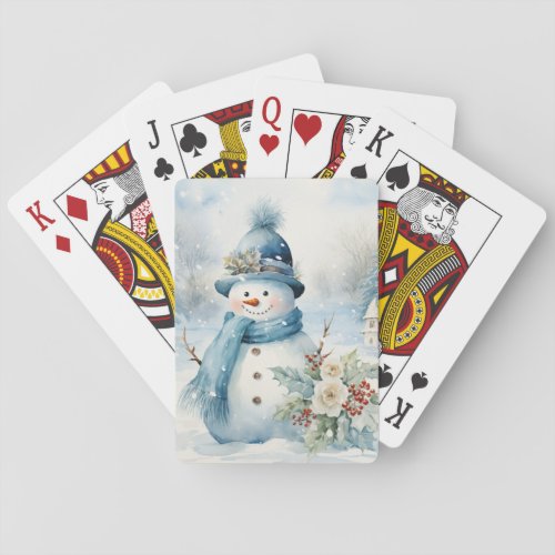 Cute Snowman Blue Hat and Scarf Flowers Trees  Poker Cards