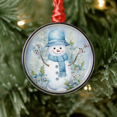 Cute Snowman Blue Hat and Scarf  Metal Ornament