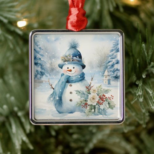 Cute Snowman Blue Hat and Scarf Snow Covered Trees Metal Ornament