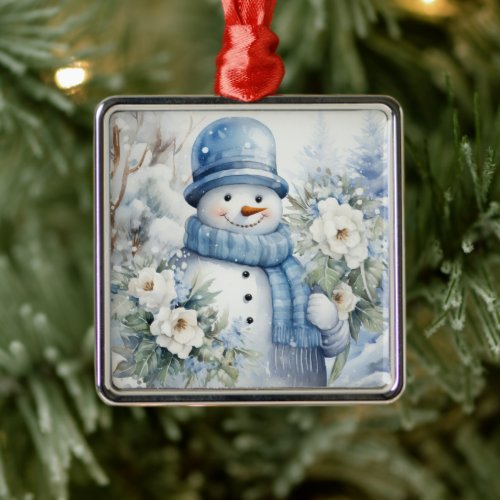 Cute Snowman Blue Hat and Scarf Snow Covered Trees Metal Ornament