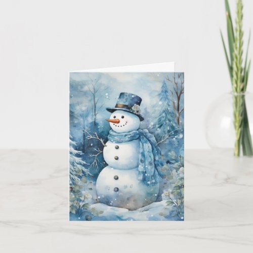 Cute Snowman Blue Hat  Scarf Flowers Trees Blank Card