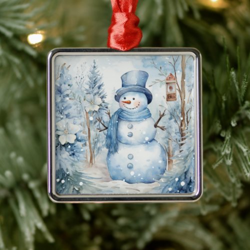 Cute Snowman Blue Hat Scarf Snow Trees Birdhouse  Metal Ornament