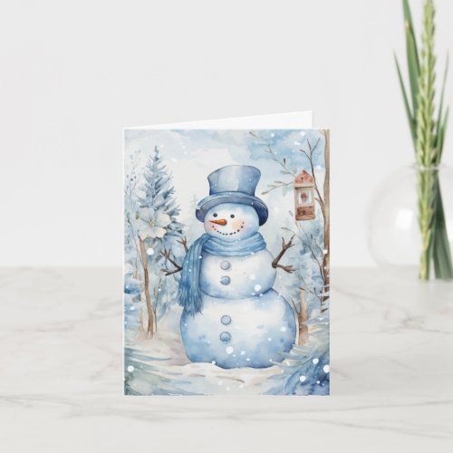 Cute Snowman Blue Hat Scarf Trees Birdhouse Blank Card