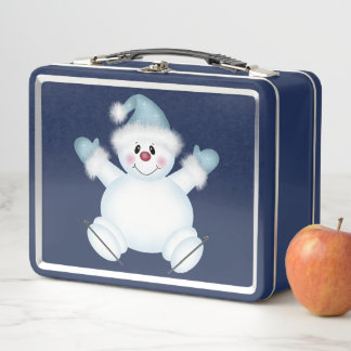 Cute Snowman Blue Metal Lunch Box