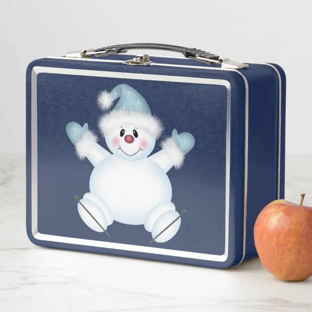 Cute Snowman Blue Metal Lunch Box (In Situ)