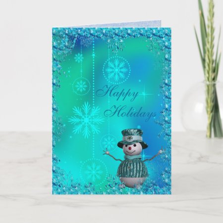 Cute Snowman, Blue Snowflakes & Sequins Christmas Holiday Card