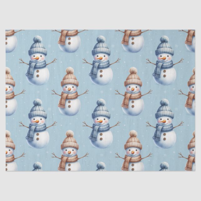 Cute Snowman Blue Snowy Background Christmas Tissue Paper (Front)