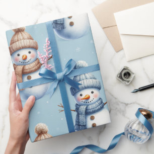 Cute Snowman Blue Snowy Background Christmas Wrapping Paper