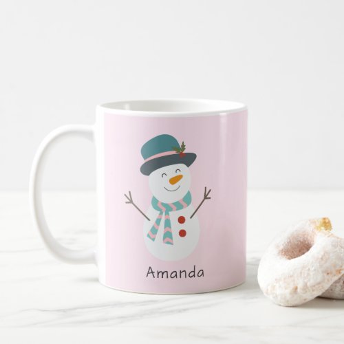 Cute Snowman Blush Pink Custom Name Holiday Mug