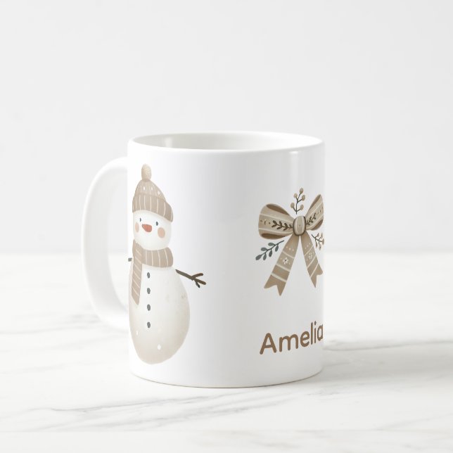 Cute Snowman Bow Drawing Name Christmas Coffee Mug (Front Left)
