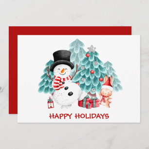 Cute Snowman, Bunny & Christmas Tree Holiday Card