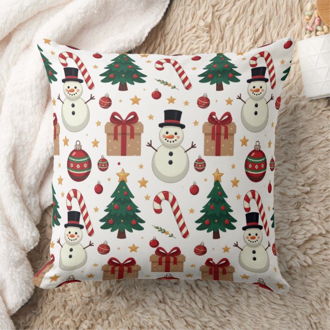 Cute Snowman & Candy Cane Christmas Throw Pillow  (Blanket)