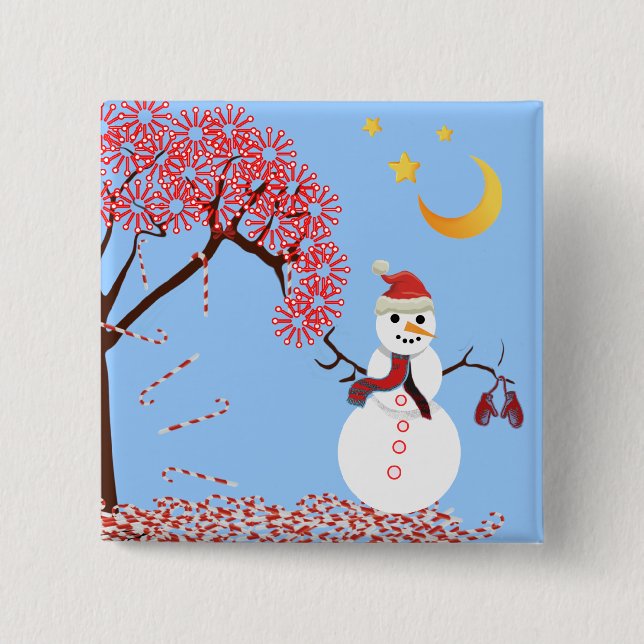 Cute Snowman Candy Cane Tree Magnet Pinback Button (Front)